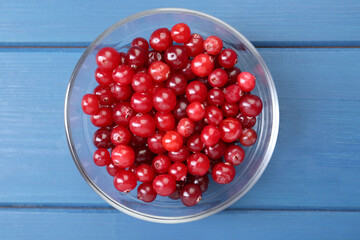 Fresh ripe cranberries in glass bowl on blue wooden table, top view