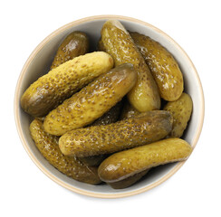 Tasty pickled cucumbers in bowl isolated on white, top view