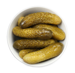 Tasty pickled cucumbers in bowl isolated on white, top view