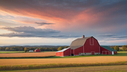 a landscape of a rural farm with a large red barn and field in the background, surrounded by fall colors