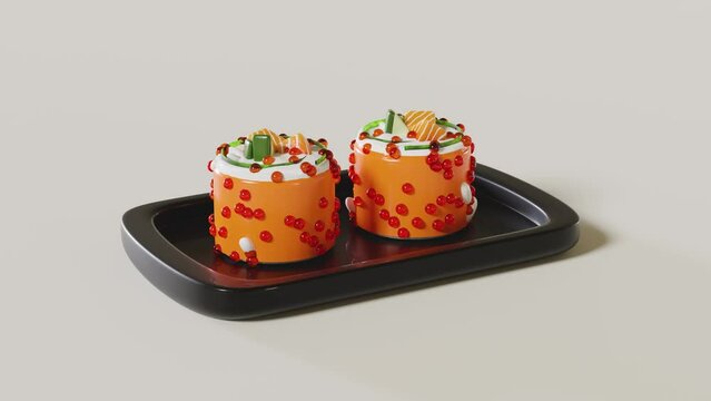 3d uramaki sushi on rotating tray, japanese food isolated concept, 3d render illustration, alpha channel
