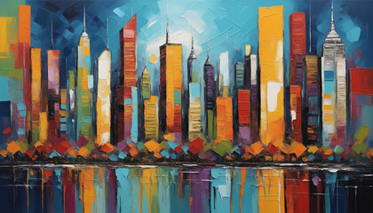 Dynamic urban landscape painted in vibrant abstract style, showcasing the energy and spirit of the bustling city.