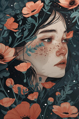 Floral Bliss: Abstract Portrait Illustration of Women with Closed Eyes, Vibrant Colors, and Blossoming Flowers, a Trendy Fusion of Beauty and Serenity