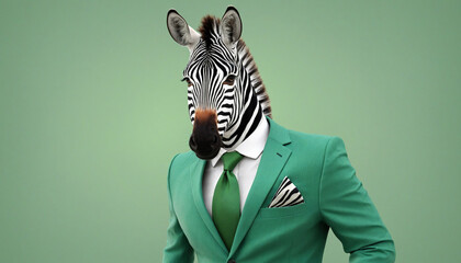 Sleek zebra in chic attire on green backdrop