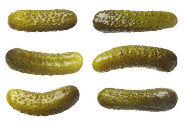 Tasty pickled cucumbers isolated on white, set