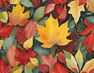 Watercolor Painting of a Vibrant Autumn Leaf Amidst Colorful Foliage