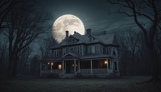 an abandoned haunted house in the woods, Halloween full moon