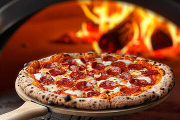 Pepperoni pizza out of the wood oven