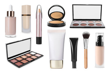 Face powder, contouring pallets, concealer, liquid foundations and brush isolated on white. Collection of makeup products