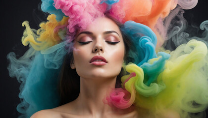 Portrait of a liberated woman, sensual female face emerging from multi-colored smoke, symbol of...