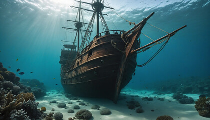 Sunken pirate ship in the depths