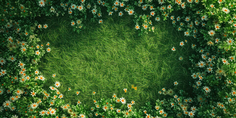 Top view bright green grass field and flower background