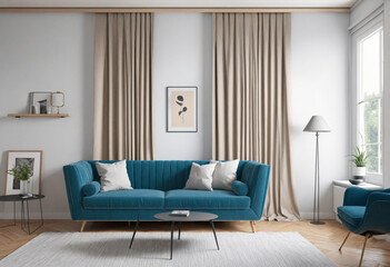 Create a lifelike representation of a living room interior with blue seating and drapes.