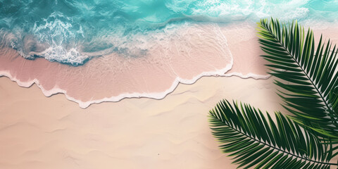 Top view tropical island sand beach with palm trees, Summer holiday vacation concept - obrazy, fototapety, plakaty