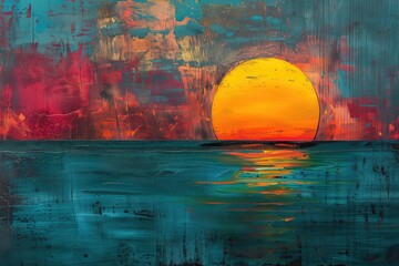 Tropical Sunset Landscape Painting, Vibrant Nature Travel Art, Oceanscape Background, Wilderness Wallpaper, Colorful Backdrop