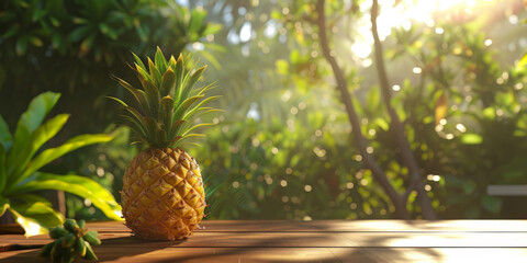 a pineapple on table in the sun with trees behind, generative AI
