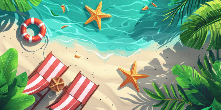 Top view sand beach holiday background with starfish, Summer holiday vacation concept