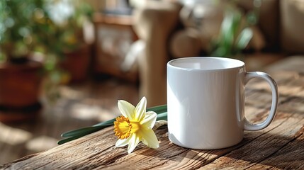 A white coffee mug mock up on a wooden table with a daffodil. 