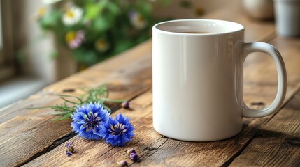 Obraz na płótnie Canvas A white coffee mug mock up on a wooden table with a blue cornflower. 