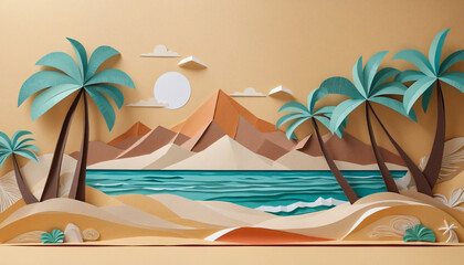 Fototapeta na wymiar Tropical landscape paper craft with palm trees and mountains in the background