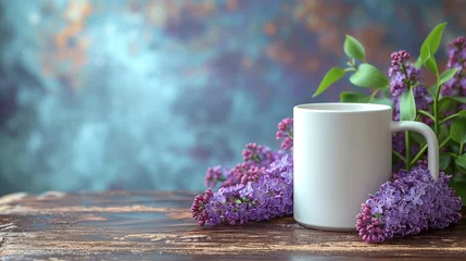 Zelfklevend Fotobehang A white coffee mug mock up on a wooden table with a lilac flower.  © Elle Arden 