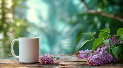 Gordijnen A white coffee mug mock up on a wooden table with a lilac flower.  © Elle Arden 