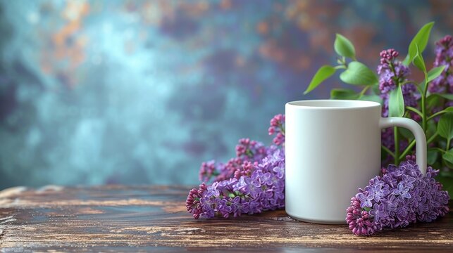 A white coffee mug mock up on a wooden table with a lilac flower. 