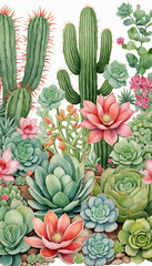 Fototapeta premium Vertical illustration of blooming cacti and succulents against a white backdrop