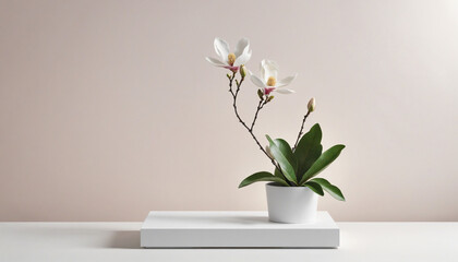 Sleek white podium mockup with floral accents for product display
