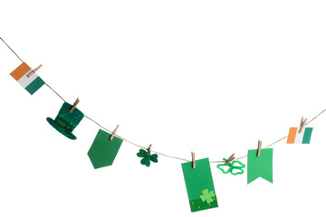 Paper garland with clover, leprechaun hat and Irish flags for St. Patrick's Day celebration on...