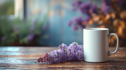 Gordijnen A white coffee mug mock up on a wooden table with a lilac flower.  © Elle Arden 