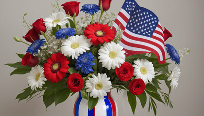 A vase of flowers with red white and blue flowers, an independence day bouque, generative ai