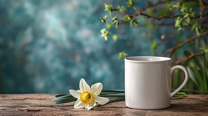 A white coffee mug mock up. The mug is on a wooden table with a daffodil. 