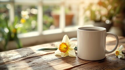 A white coffee mug mock up. The mug is on a wooden table with a daffodil. 