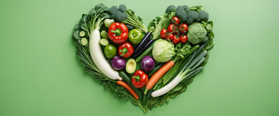 Fresh vegetables heart shape, green background