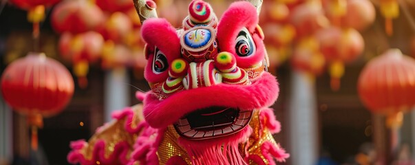 Fototapeta na wymiar Chinese New Year lion dance celebration with beautiful sparkling lights