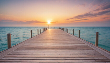 wooden pier at sunset, summer banner, generative ai