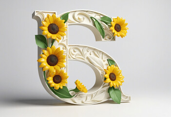 3D sunflower letter S in contemporary style on white backdrop for graphic design and typographic purposes.