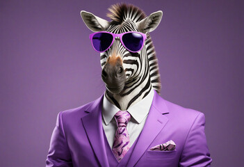 Stylish zebra in suit and sunglasses, vibrant purple