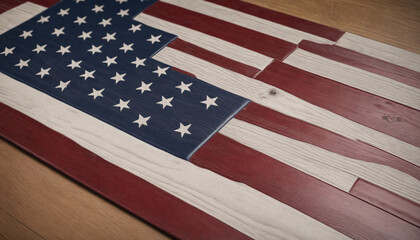 Close-up of American flag on rustic wooden table
