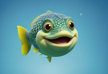 Green pufferfish smiling with soft spikes against blue background