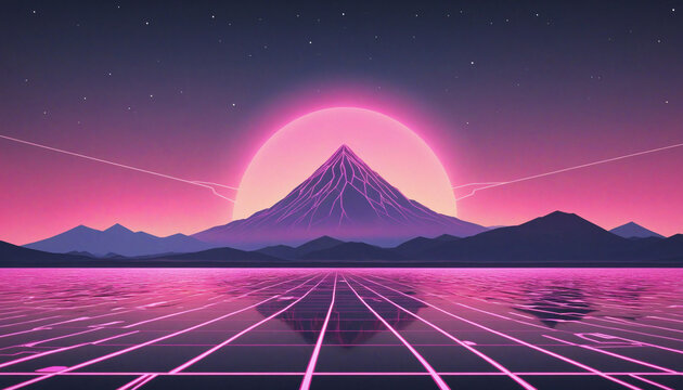 Retro-style mountain landscape with vibrant pink neon grids and waves