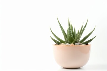 Fototapeta premium Small plant in pot succulents or cactus isolated on white background by front view