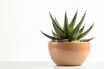 Fototapeta premium Small plant in pot succulents or cactus isolated on white background by front view