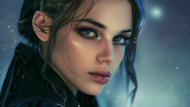 Woman's face adorned with fine sparkle, featuring vivid blue eyes, a dreamy play of light
