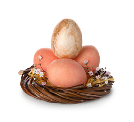 Easter eggs in nest on white background