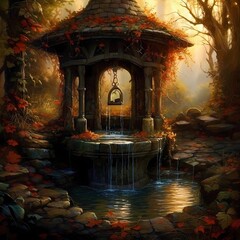 Enchanted Autumnal Well in a Mystical Forest Setting