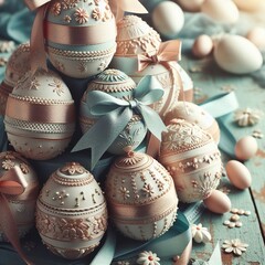 Close-up of a stack of beautifully decorated Easter eggs with ribbons and bows Celebration and renewal Perfect for Easter-related designs 