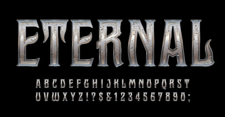 Eternal is a weathered metallic effect antiqued alphabet; good for movie titles, gaming logos, fantasy genre banners and headlines. 