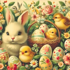Close-up of a vintage-inspired Easter greeting card featuring bunnies, chicks, and springtime florals Nostalgic and whimsical Adds a touch of retro charm to Easter designs 